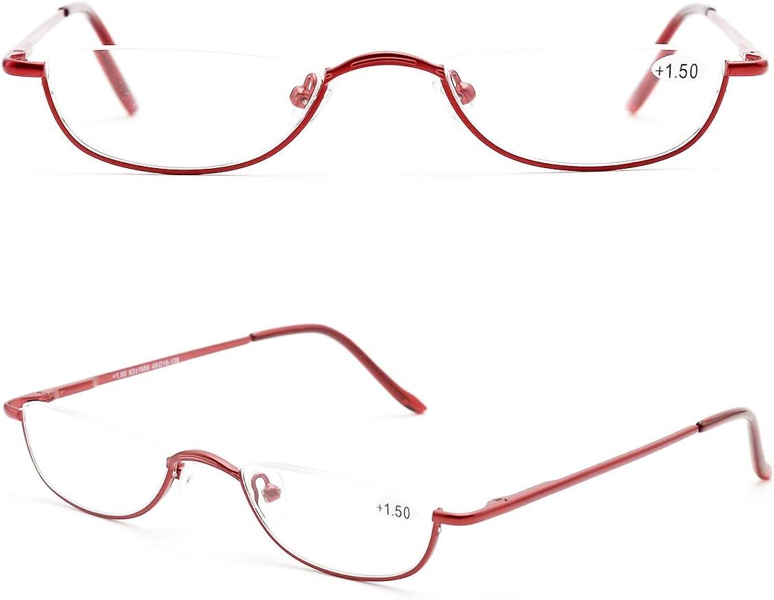 🔥 Flash Sale REAVEE 2 Pack Retro Designer Half Moon Reading Glasses Women Men Spring Hinge Half Frame Readers Stylish Slim Eyeglasses with Pouch,Red and Gun Grey 3.0