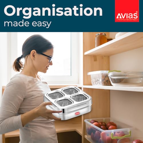 Image of AVIAS 4 Square Stainless Steel Masala Box for Kitchen, Spice Box with See-Through Lid, 4 Containers Masala Dani /Dabba, Dry Fruit Organiser, Food Grade Rust-Free Steel, Design 17.5cm, Silver