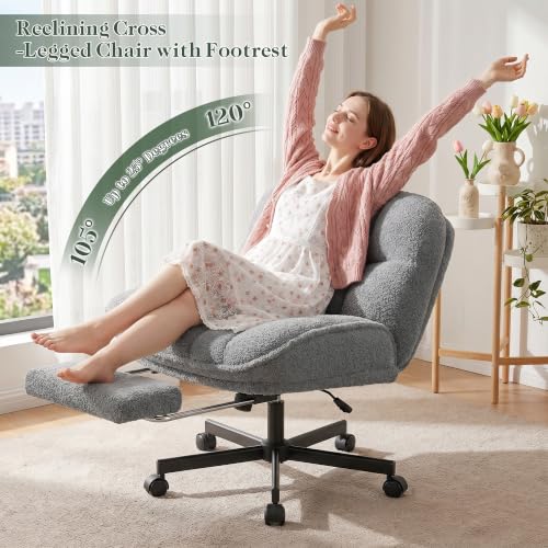 Image of DurayLoly Criss Cross Office Chair with Foot Rest, 26.77 inch Wide Cross Legged Office Chair with 7 inch Thick Backrest, Height Adjustable & 360Swivel, Desk Chair for All-Day Comfort (Misty Gray)