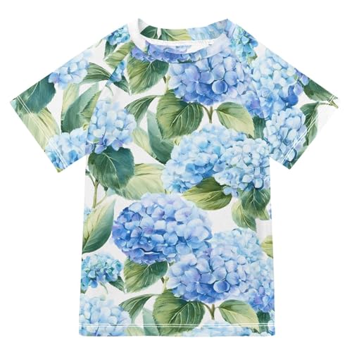 ALAZA Kids Rash Guard Girls Toddler Swim Shirts Short Sleeve Hydrangea Blue Flowers UPF 50+ 3T