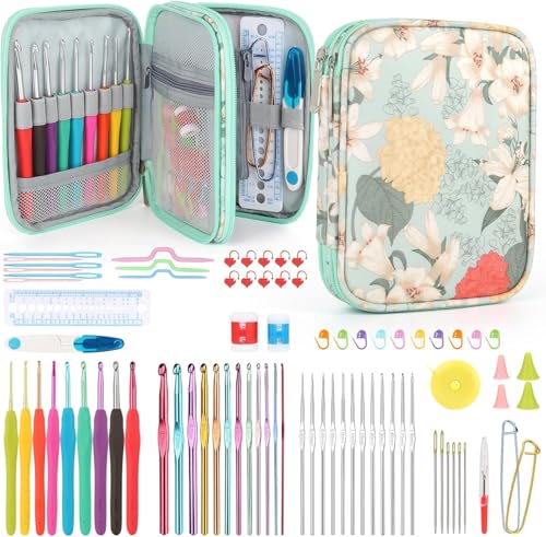 Image of Katech 85 pcs Crochet Hooks Kit Knitting Accessories with Crochet Case, Small Sizes Crochet Hooks for Knitting Lace Yarn, Colorful Ergonomic Crochet Needles Set for Making Sweater, Bag and Hat (Green)