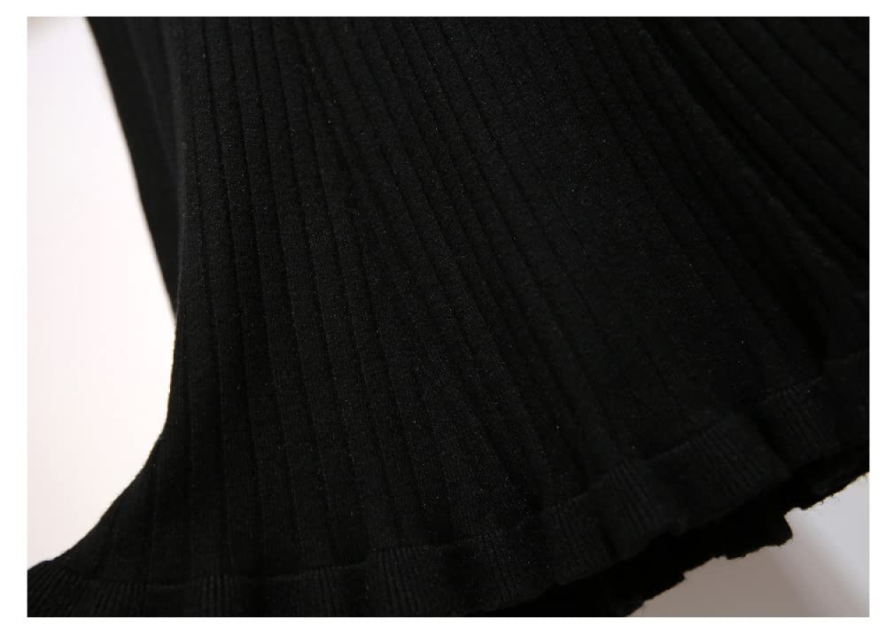 Damen Strickrock,Damen-Midirock, Schwarz, Elastisch, Mit Hoher Taille, Gestrickt, Mit Rüschen, Plissee-Rock, Schmal, A-Linie, Swing, Gerafft, Herbst-Winter, Lange Röcke Für Mädchen, Damen, M