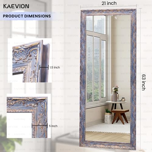 Image of Rectangular Shape 5.25 Feet Full-Length PVC Wooden Frame Wall Hanging Mirror with 5 MM Glass| Floor Wall Leaning Home Decor Mounted Mirror for Bedroom Living-Room - Antique Blue