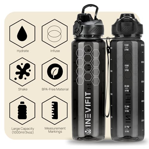 INEVIFIT-3-in-1-Sports-Water-Bottle-34oz-1L-Hydration-Tracking-Water-Bottles-with-Daily-Time-Marker-BPA-Free-Tritan-Leak-Proof-with-Fruit-Infuser-Filter-Mixer-Ball-Insulating-Sleeve-Carrying-Strap