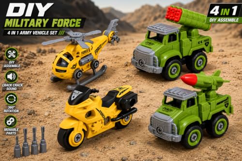Image of TEC TAVAKKAL 4 in 1 DIY Military Force Vehicle Set for Kids, Army Toy Set with Helicopter, Bike, Missile Launcher Truck & Rocket Launcher Truck, Movable Parts, 4 Screwdrivers (Big Army Vehicle Toys)