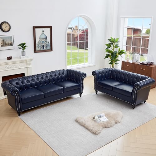 Image of QHITTY 2 Piece Living Room Set, Sectional Chesterfield Sofa Contemporary Upholstered Artificial Leather Loveseat Couch Sets for Living Room, Bedroom, Office (Blue)