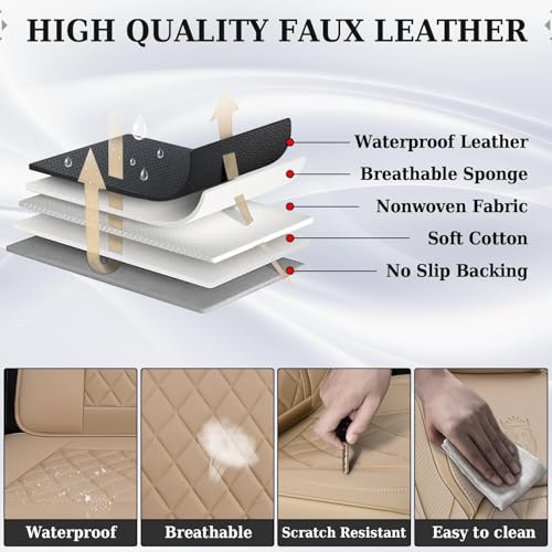 Image of Coverado Front Seat Covers, Luxury Faux Leather Waterproof Seat Cover, Beige Car Seat Protector, Car Seat Cover Front Seats, Automotive Seat Covers Universal Fit for Most Cars (Front, Beige)
