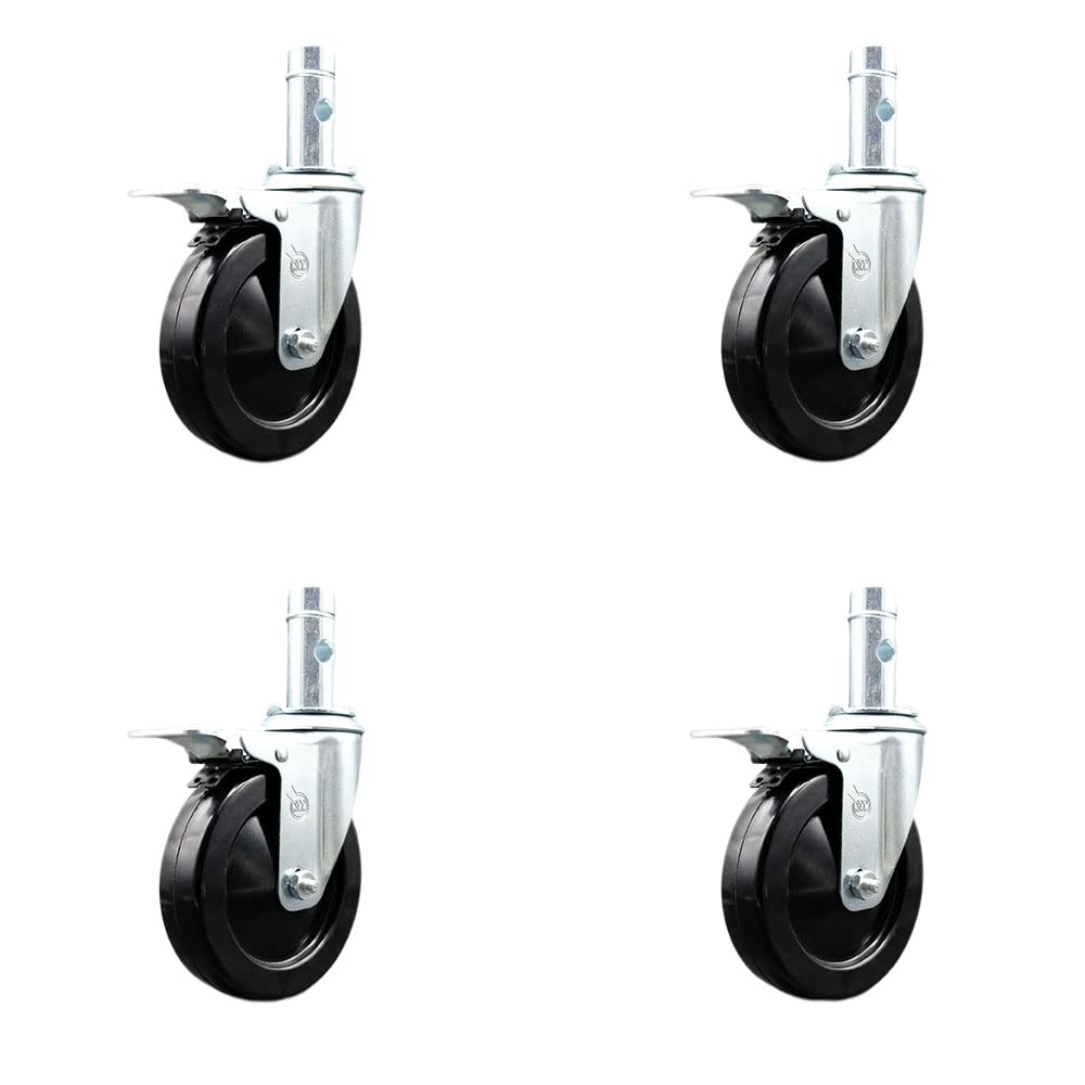 5 Inch Swivel Scaffolding Wheels Caster Set of 4 - Black Hard Rubber Wheels - 1-3/64 Inch x 2-3/4 Inch Grip Ring Stems-300 lbs. Capacity Per Caster-Total Lock Brakes-Service Caster Brand