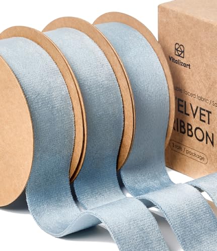Vitalizart Dusty Blue Velvet Ribbon Set 1 Inch x 15 Yards Double Faced Velvet Ribbon for Gift Wrapping Christmas Ornaments Wreath Decoration Bows Making Handmade Crafts