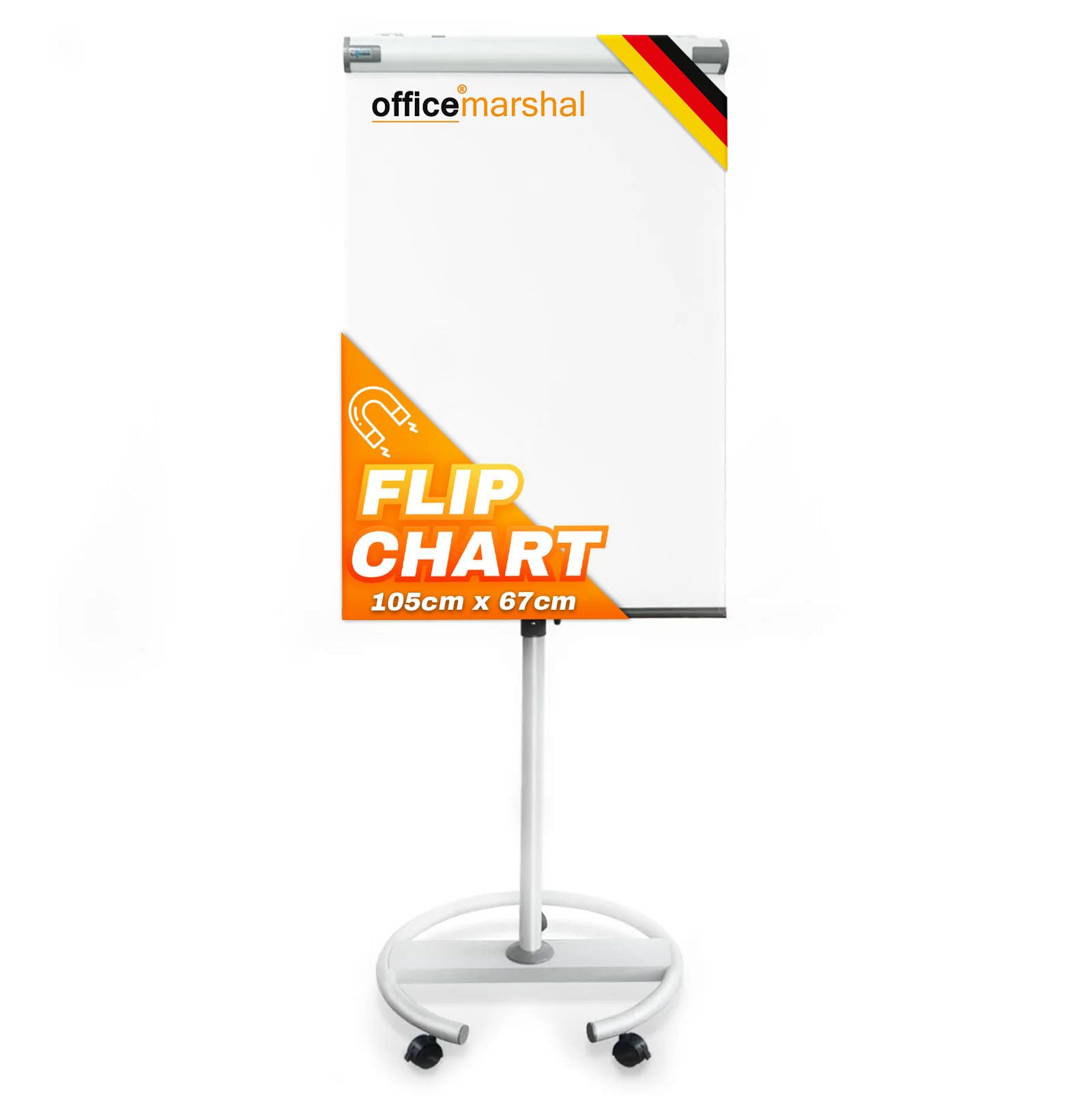 OfficeMarshal Flipchart Pizarra blanca móvil con pie de ruedas, 73 x 105 cm, altura regulable hasta 210 cm, se puede escribir, borrado en seco, magnético (tiburón)