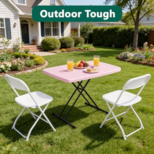 Image of 30in Folding Table, Portable Picnic Table with Adjustable Height, Foldable TV Tray Table & Laptop Desk for Small Spaces, Patio, Camping, BBQ, No Assembly Needed, Pink