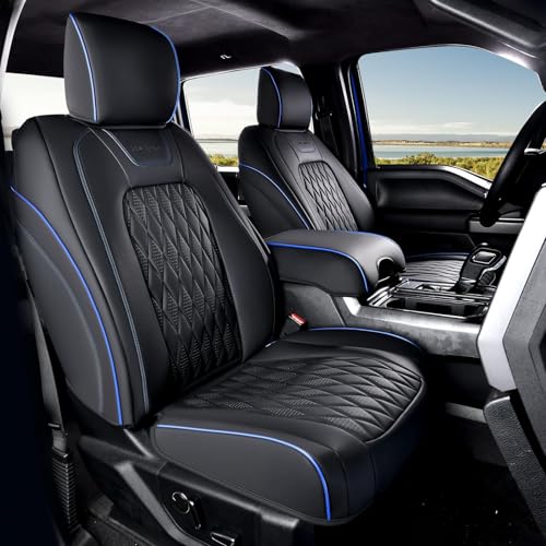 Image of Coverado Leather Ford F150 Seat Covers Full Set, Automotive Seat Covers for Pick-up Truck, Waterproof Cushion Cover for 2015-2026 F150 and 2017-2026 F250 F350 F450 (Blue line)
