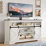 YITAHOME Farmhouse TV Stand with Mount & Power Outlet for 70 Inch TV, Corner Entertainment Center with Sliding Barn Doors, TV Media Console Table with Storage, Living Room, 63 Inch, Milky White/Black
