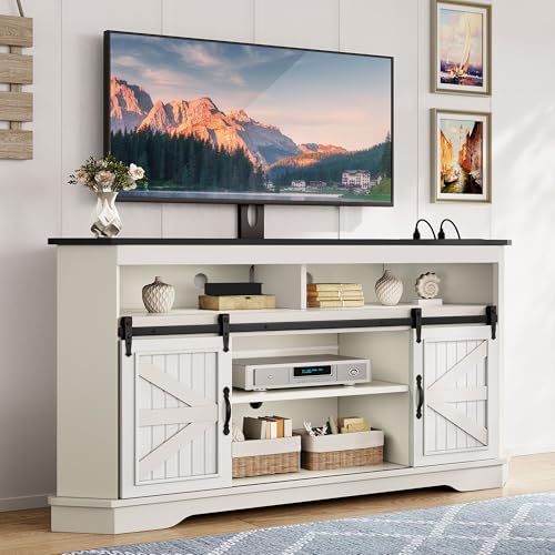 YITAHOME Farmhouse TV Stand with Mount & Power Outlet for 70 Inch TV, Corner Entertainment Center with Sliding Barn Doors, TV Media Console Table with Storage, Living Room, 63 Inch, Milky White/Black