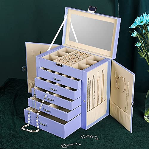 Frebeauty Large Jewelry Box,6-Tier Pu Leather Jewelry Organizer With Lock,Multi-Functional Storage Case With Mirror,Accessories Holder With 5 Drawers For Earrings Necklace Bracelets (Purple) #TOP4