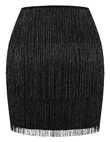 MANER Women’s Fringe Skirt Stretchy Sparkly Bodycon Tassel Trim Mini Skirt - Image 3