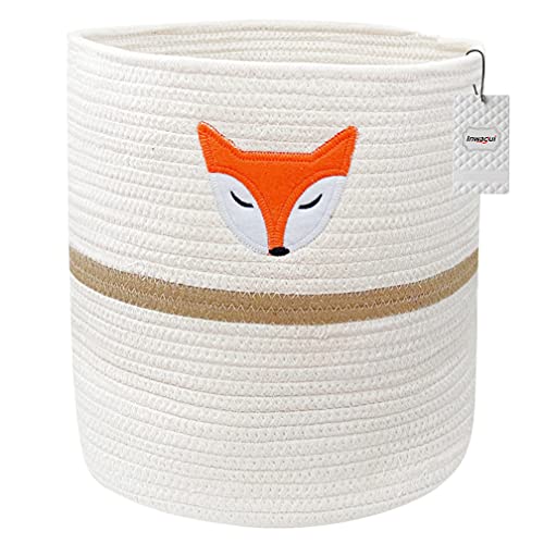 Inwagui Panier de Rangement en Corde de Coton Bébé Corbeille à Linge Tissé à Motif Renard Bac de Rangement avec Poignées pour Chambre d'enfant Jouets Vêtements, Blanc Cover