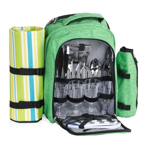 CampFeuer zaino da picnic 32 pezzi | set da picnic per 4 persone | verde menta screziato | con portabottiglie, coperta da picnic, scomparto refrigerante e utensili da campeggio