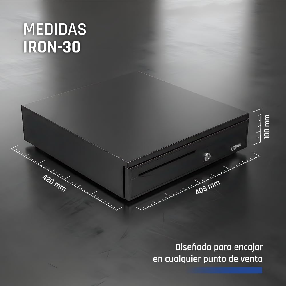 iggual Cajón Portamonedas IRON-30. Caja Efectivo Registradora Manual o Automáticapara 5 Billetes y 5 Monedas. Cerradura 3 Posiciones. Material Acero+Plástico. Uso profesional- Negro (42x40.5x10)