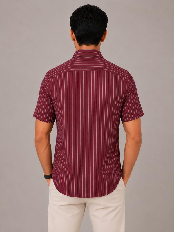 Image of MARK & ALBERT Men's Half Sleeve Cotton Linen Striped Shirt