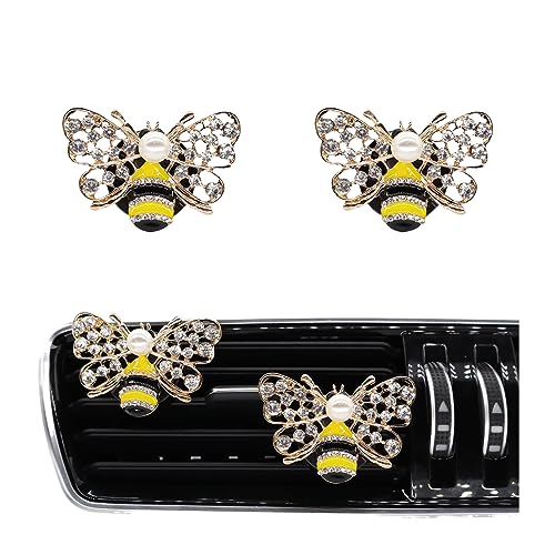 Image of ORIESSE 2pcs Yellow Bee Car Air Freshener Vent Clips,Cute Bling Bee Car Accessories for Women,Girly Pearl Dashboard Decorations
