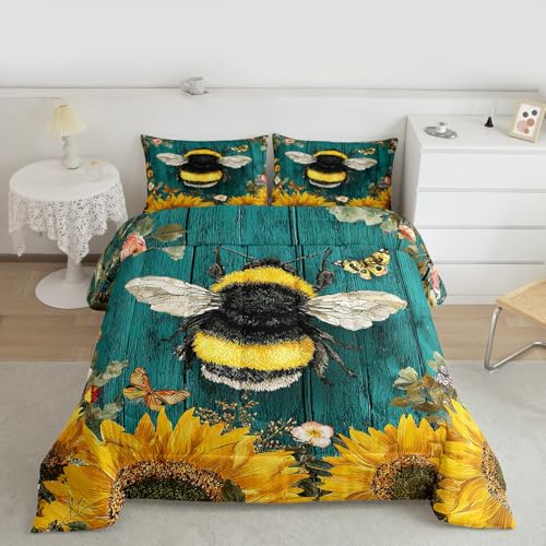 Image of Feelyou Sunflower Comforter Bee Floral Print Comforter Set for Kids Boys Girls Yellow Flowers Bedding Set Wooden Texture Duvet Set 1 Comforter Set with 2 Pillowcases King Size Boys