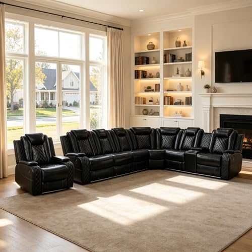Image of Power Reclining Sectional Sofa Set with Recliner Chair, Black Breathable Faux Leather L-Shaped Couch with LED Lights, USB Charging, Wireless Charging, Storage Console and Cup Holders