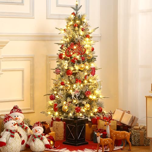 GAOMON 4.5ft Christmas Tree with 100 Multicolor Led Lights, Pre-Lit Snow Flocked Christmas Tree with X Shape Potted Base, Holiday Xmas Tree with Red Berries, Festival Decoration for Home, Entrances