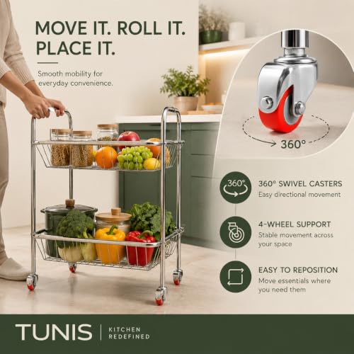 Image of TUNIS Tier Stainless Steel Kitchen Storage Trolley with Wheels | Multipurpose Vegetable & Fruit Rack Organizer | Movable Storage Cart for Kitchen, Pantry & Home (Open Wire Trolley, 2 Tier)