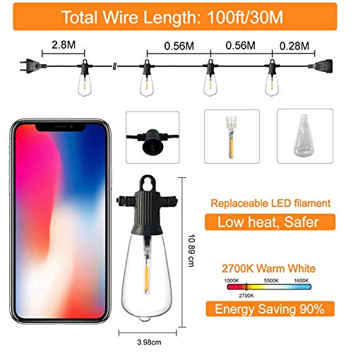 ZOTOYI 30 Meter Lichtketting Voor Buiten, ST38 Retro Lichtketting Gloeilamp Buiten met 50 led-gloeilampen + 2… - Afbeelding 5