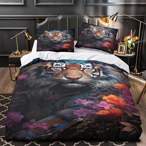 Housse de couette tigre 3 pièces 220x240 cm parure de lit microfibre respirante - 4