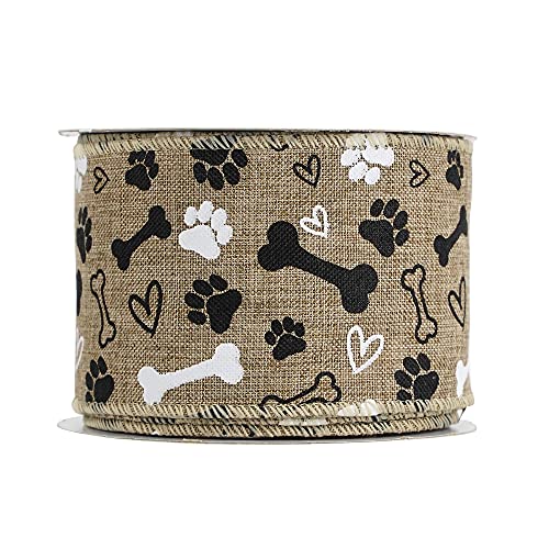 Meedee Paw Print Ribbon Wired Dog Ribbon Wire 2.5 Inch Burlap Dog Bone Wire Edge Ribbon For Pet Wreaths Bow Making Welcome Home Wreaths Party Decorations Gift Basket Decor Swags (10 Yards) #TOP7