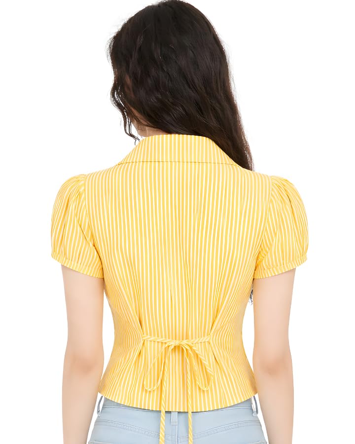 Image of Women V-Neck Puff Sleeve Crop Top with Back Tie-Up Detail