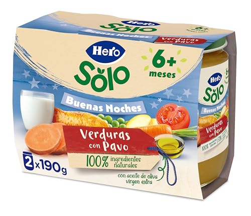 Hero Baby Buenas Noches Tarritos de Verduritas con Pavo - Para Bebés a Partir de los 6 Meses - Pack de 2 x 190 gr