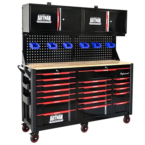19 Drawers Rolling Tool Chest Large Mobile Workbench Heavy Duty Wood Top Tool Cart on Wheels Mechanic Storage Cabinet for Garage, Workshop, Warehouse, Laboratory, with Wall Mounted 2-Door Cabinet