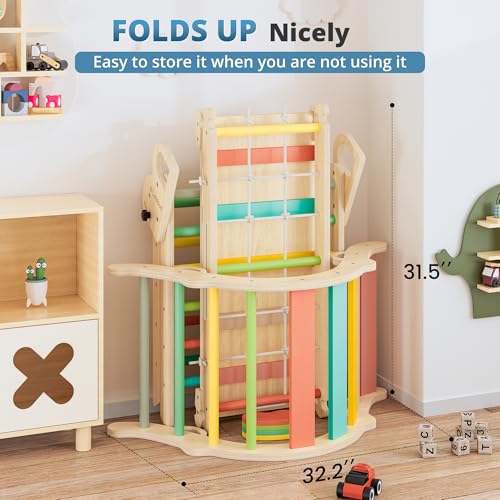 Image of BlueWood 10-in-1 Pikler Triangle Set, Toddler Climbing Toys Indoor, Montessori Climber, Baby Jungle Gyms with Arch, Extra Rope Ladder & Footprint Balance Beam - Rose Garden