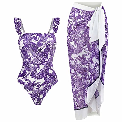 Swimmming - Traje de baño de 2 piezas para mujer, con control de abdomen, modesto, sin espalda, recortado, monokini, conjunto de bikini largo, falda envolvente, pareo, traje de baño vintage, 01