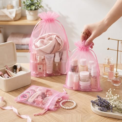 Image of FUNFERY 100PCS Pink Organza Gift Bags 5x7in,Drawstring Pouch for Jewelry