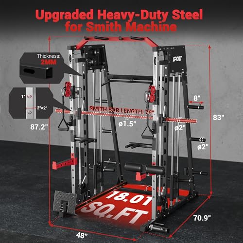 Smith Machine Home Gym All in One, 2200LBS Squat Rack Power Cage with Smith Bar, LAT Pull-Down, Cable Systems, Leg Hold-Down and More Attachments, Workout Equipment (Red Black) - Image 7