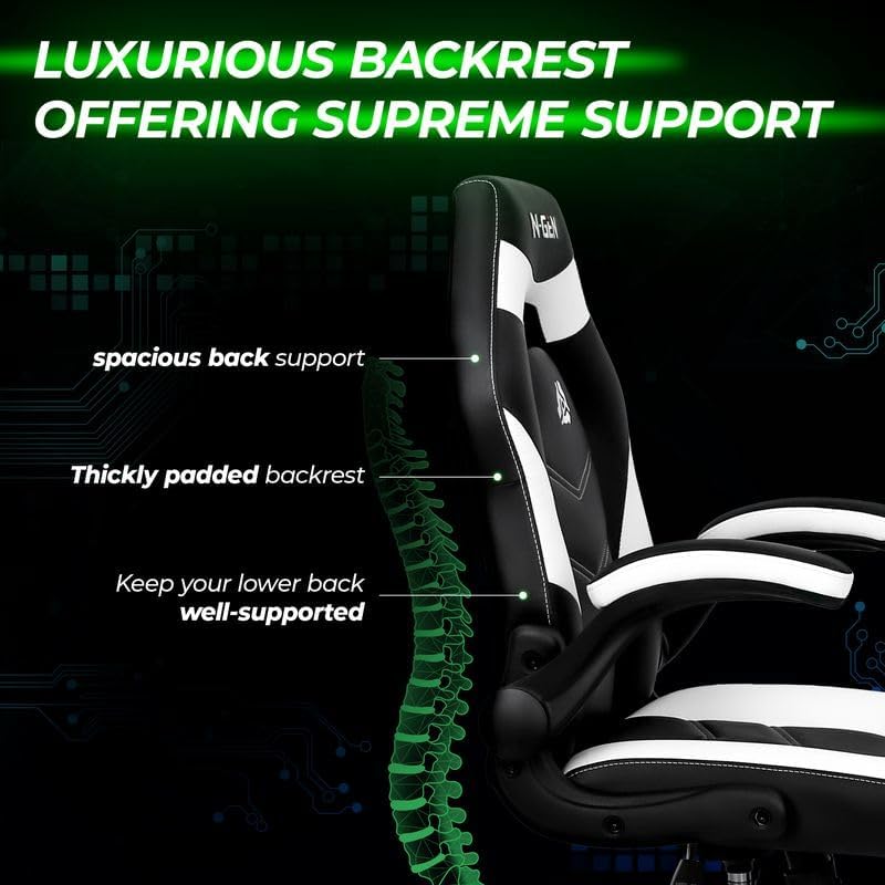 Miniatura 7 de N-GEN GAMING Silla ergonómica de escritorio de oficina con soporte lumbar, altura ajustable, brazos abatibles acolchados y ruedas giratorias, diseño