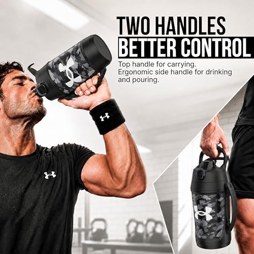 Image of Under Armour Insulated Water Bottle with Handle & Fence Hook, Half Gallon Sports Water Jug, Leak-Resistant & BPA-Free for Baseball, Football & Gym - Black Woodland, 64oz