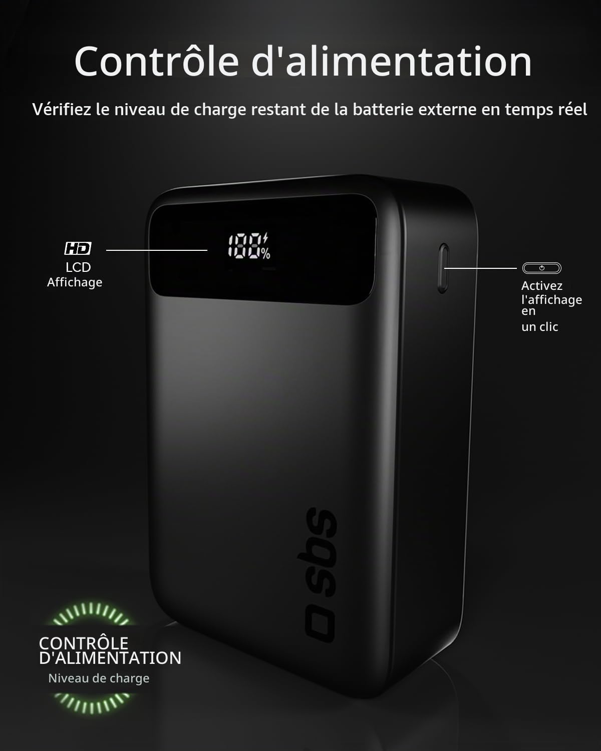 SBS PowerBank Compact, 20000mAh, 20W de Puissance (3.0 PPS), AFC, Batterie Externe avec Charge Rapide, Écran LDC, USB-C, USB-A, Chargeur de Voyage Portable, Design Compact, Noir
