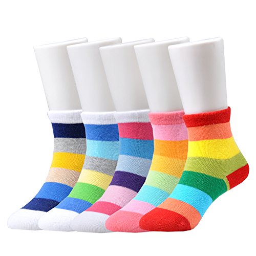 EPEIUS Kids Girls' 5 Pack Seamless Rainbow Stripes Crew Socks2