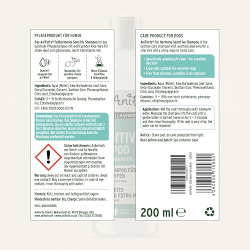 AniForte Fellharmonie Hundeshampoo Sensitiv mit Aloe Vera 200ml – Für leicht kämmbares Fell & Vitale Haut, Pflegeshampoo für Sensible Hunde, frei von Farbstoffen & Parfum