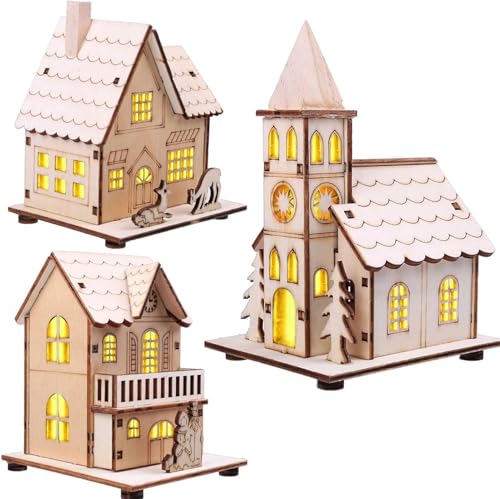 FUFRE 3 Stück LED-Weihnachtsdorf aus Holz, beleuchtet,...