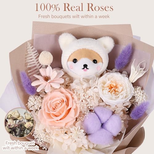 Forever Flowers Bouquet with Cute Doll - Preserved Flowers for Delivery, Real Eternal Roses Bouquet for Mothers, Mom, Girlfriend, Wife Anniversary Birthday Gifts for Women Men - Image 4