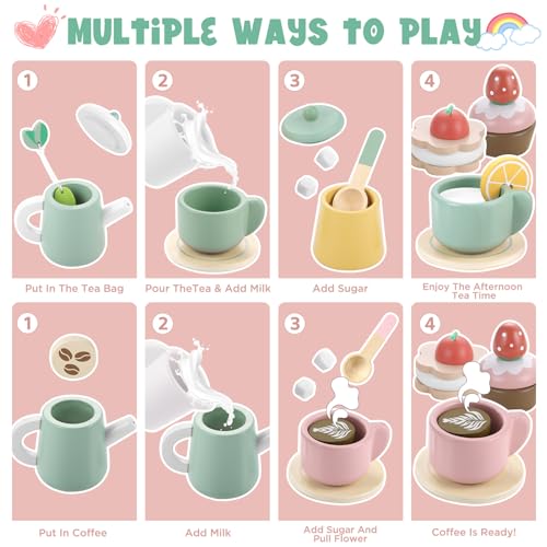 GAGAKU Wooden Tea Set for Kids, Wood Tea Party Set for Little Girls Wooden Coffee Afternoon Tea Toys Play Food forToddler Pretend Play Kitchen Accessories for Kids - Thumbnail 4