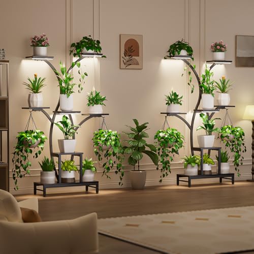 Image of Plant Stand Indoor with Grow Lights - 7 Tiered Metal Corner Shelf for Multiple Plants, 63.4 inch Corner Plant Stand for Indoor Plants, Tree-Shaped Plant Rack for Home, Living Room, Office & Patio Decor