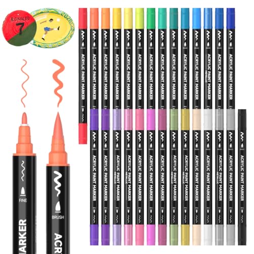 Image of Shuttle Art 28 Colors Dual Tip Acrylic Paint Markers, Brush Tip and Fine Tip Acrylic Paint Pens for Rock, Ceramic, Wood, Canvas, Plastic, Glass, Stone, Calligraphy, Card Making, DIY Football Crafts