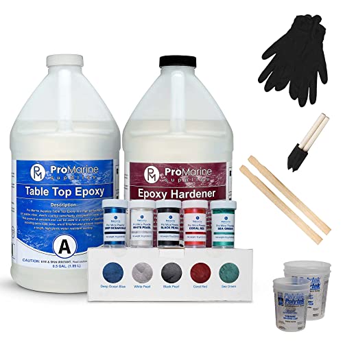 Pro Marine Supplies Crystal Clear Table Top Epoxy Resin and Hardener (2-Part 1 Gallon Kit) with Accessories Bundle with Pro Mica Powder (5 Vibrant Colors - 10g/Bottle) Natural Pearlescent Pigment Pro Marine Supplies Crystal Clear Table Top Epoxy Resin and Hardener (2-Part 1 Gallon Kit) with Accessories Bundle with Pro Mica Powder (5 Vibrant Colors - 10g/Bottle) Natural Pearlescent Pigment